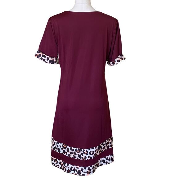 Women’s Burgundy Leopard Trim A-line Midi Dress Size M - Picture 6 of 8